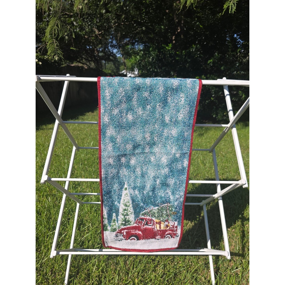 Christmas Red Truck Woven Tapestry Table Runner Teal Snow Scene Holiday Decor